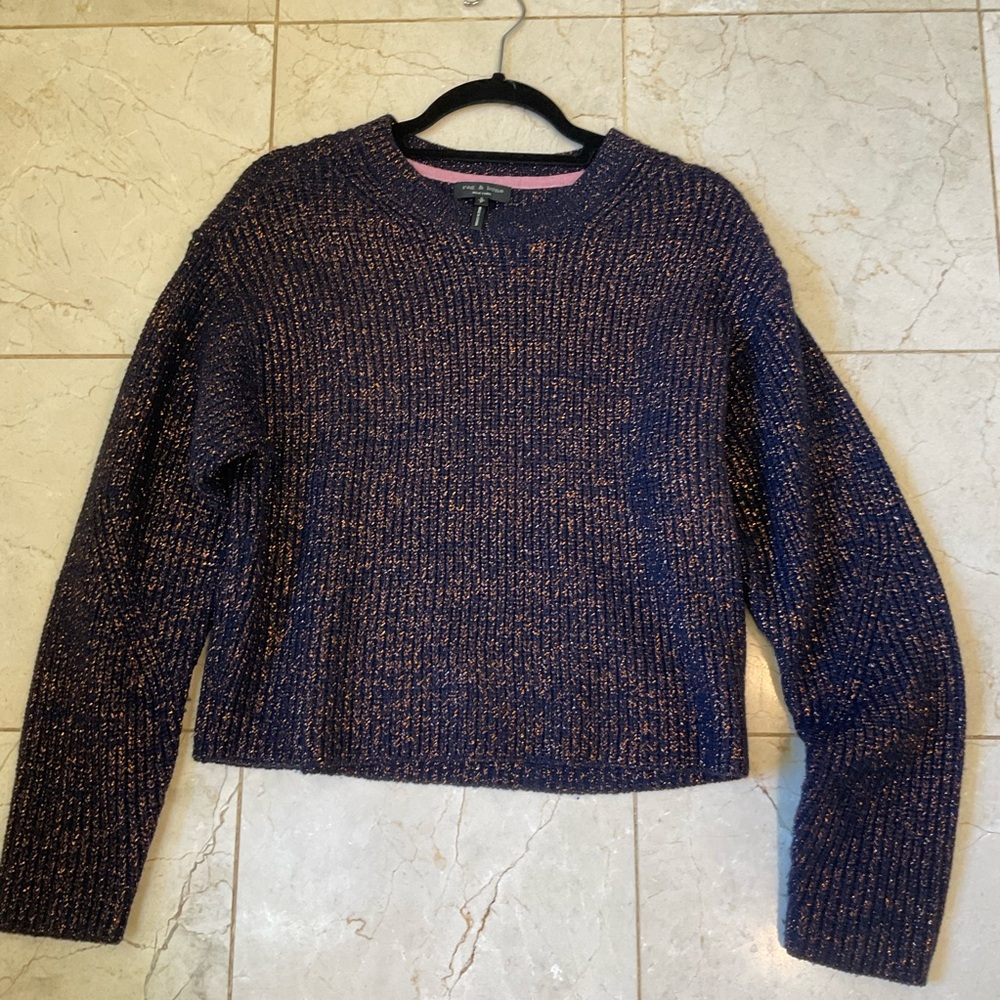 rag and bone black crew sweater with rust metallic thread, bottoms at cuff, Sz S - Picture 9 of 12